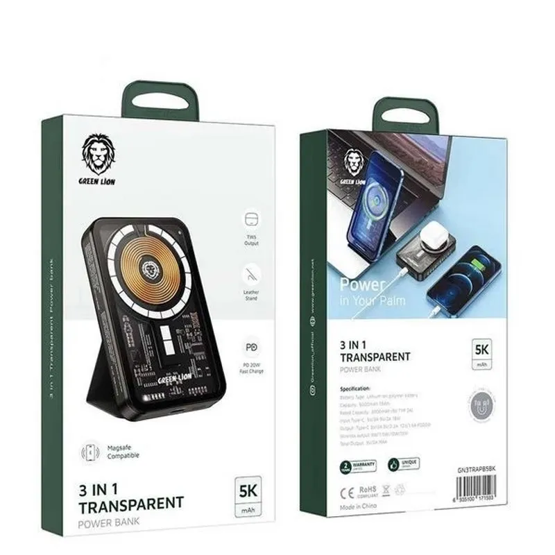 پاوربانک بی سیم 5000 گرین لاین Transparent 3 in 1 PD 20w