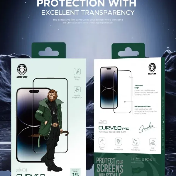 محافظ صفحه نمایش خمیده پرو 3 بعدی برای آیفون 15 پرو مکس - Clear - برند گرین لاین Green lion