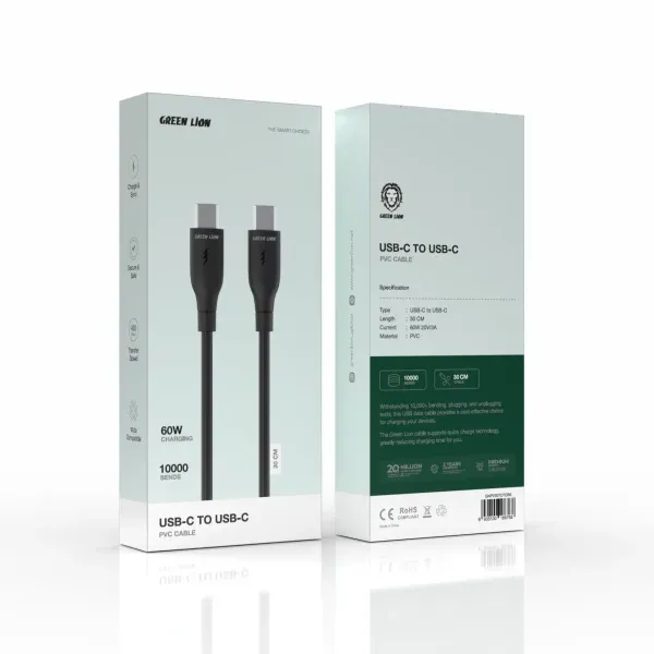 کابل پی وی سی USB-C به USB-C 30 سانتی متر - مشکی - برند گرین لاین Green lion