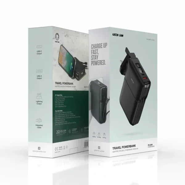پاور بانک مسافرتی 10000MAH / آداپتور / نگهدارنده - مشکی - برند گرین لاین Green lion