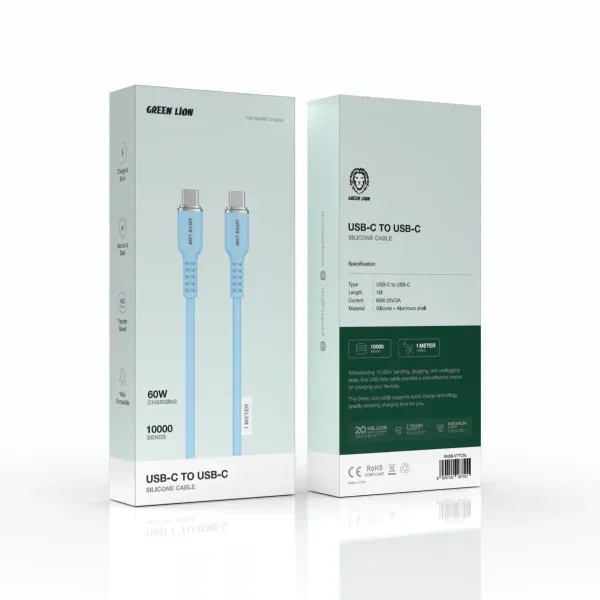 کابل سیلیکونی USB-C به USB-C - آبی - برند گرین لاین Green lion