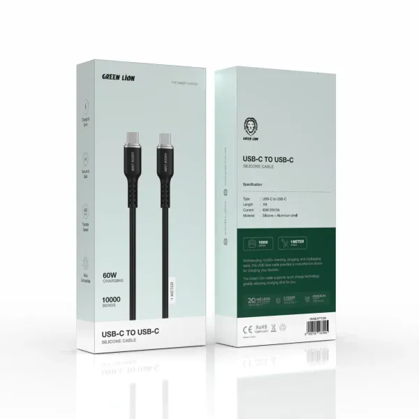 کابل سیلیکونی USB-C به USB-C - مشکی - برند گرین لاین Green lion