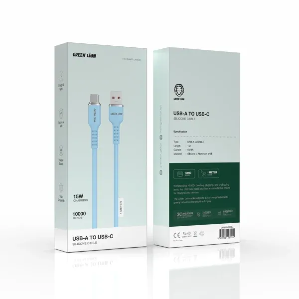 کابل سیلیکونی USB-A به USB-C - آبی - برند گرین لاین Green lion