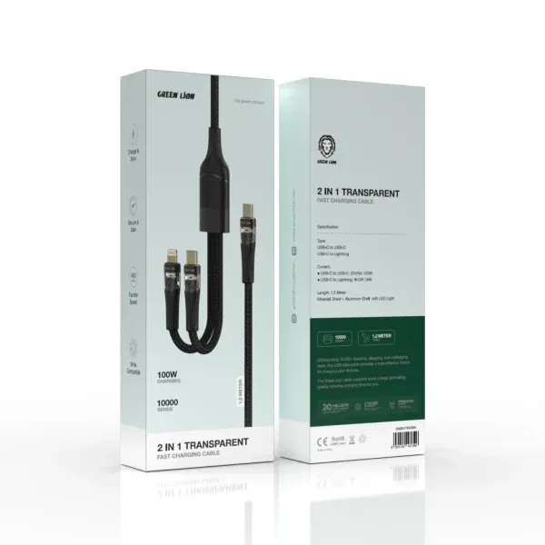 کابل شارژ سریع شفاف 2 IN1 100W 1.2M - مشکی - برند گرین لاین Green lion