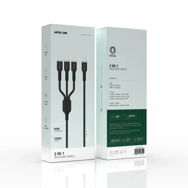 کابل سیلیکونی 3IN1 USB-C به USB-CX2 و LIGHTNING 60W 1.2M - مشکی - برند گرین لاین Green lion