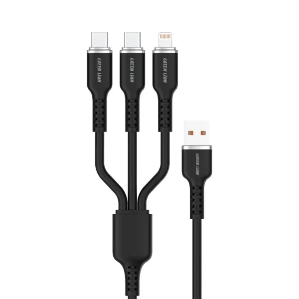 کابل سیلیکونی 3IN1 USB-A به USB-CX2 & LIGHTNING 60W 1.2M - مشکی - برند گرین لاین Green lion