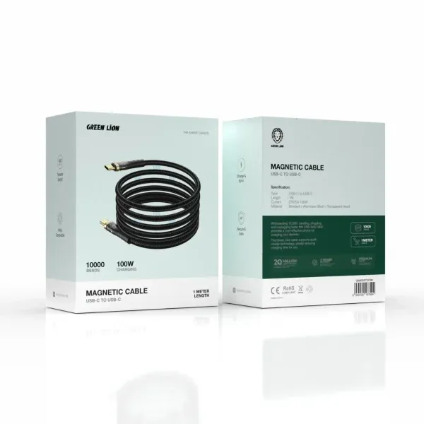 کابل مغناطیسی USB-C به USB-C 100W 1M - مشکی - برند گرین لاین Green lion