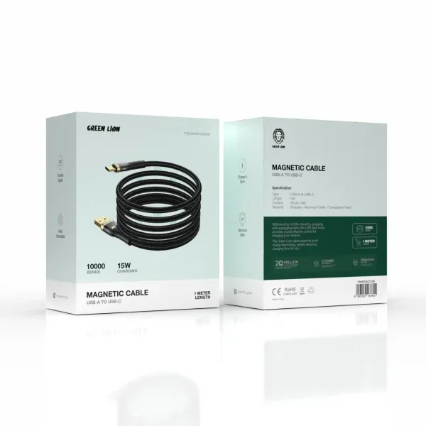 کابل مغناطیسی USB-A به USB-C 15W 1M - مشکی - برند گرین لاین Green lion
