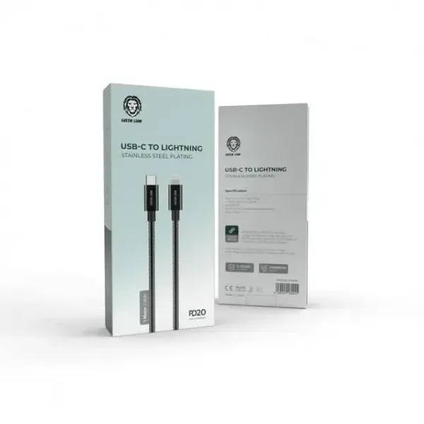 کابل آبکاری استیل ضد زنگ USB-C به لایتنینگ PD 20W 1M - مشکی - برند گرین لاین Green lion