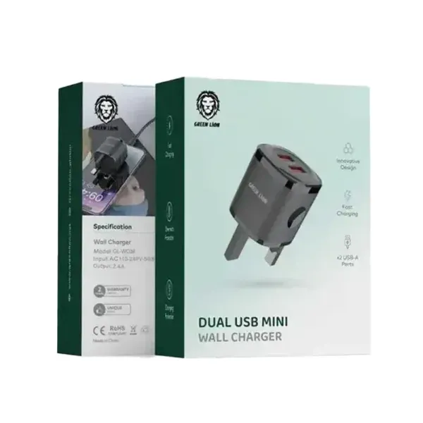 شارژر دیواری MINI دوگانه USB با کابل USB-A به میکرو 1M انگلستان - مشکی - برند گرین لاین Green lion
