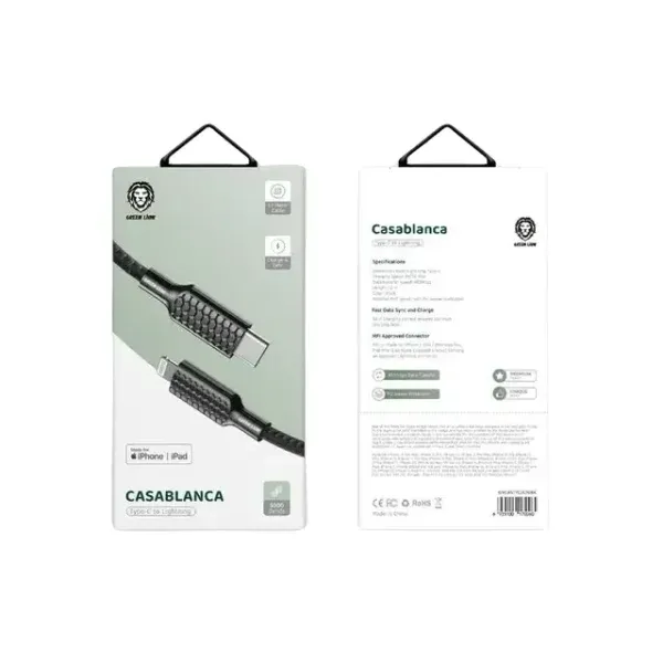 کابل بافته کازابلانکا نوع C به لایتنینگ 1.2 متر - سیاه - برند گرین لاین Green lion