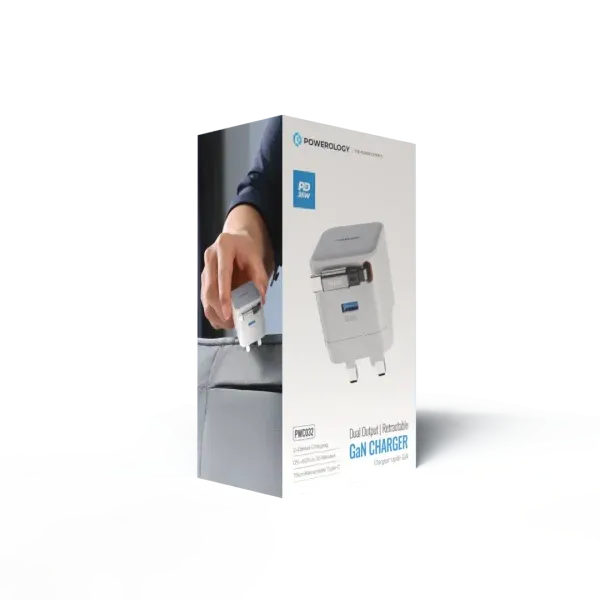 شارژر دو پورت GAN PD35W با کابل جمع شونده - سفید - برند پاورولوژی Powerology