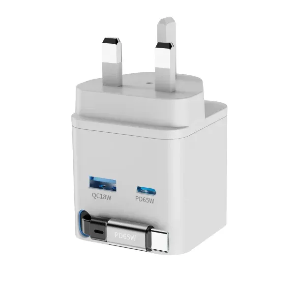 GAN PD65W شارژر دو پورت + شارژر کابلی با کابل جمع شونده - سفید - برند پاورولوژی Powerology