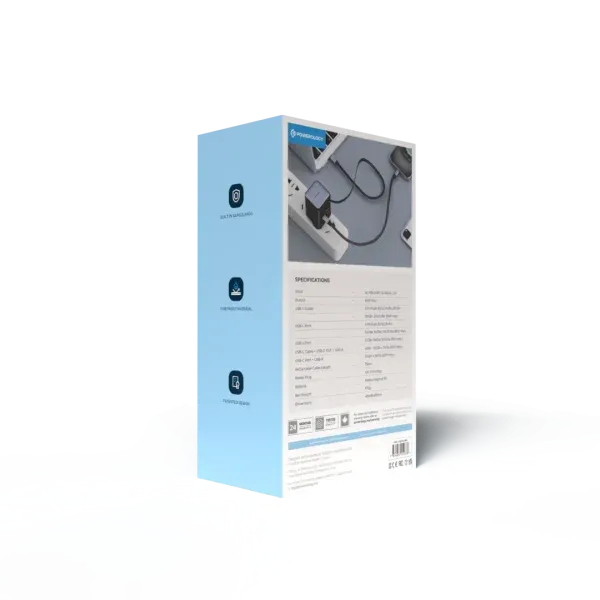 شارژر دو پورت GAN PD65W + شارژر کابلی با کابل جمع شونده - مشکی - برند پاورولوژی Powerology