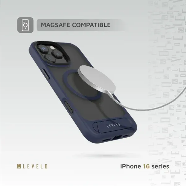 قاب ماتئو با دستگیره پایه پایین برای iPhone 16 PRO MAX- BLUE - برند لِوِلو Levelo