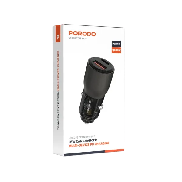 شارژر خودرو با پورت USB-A+C شفاف 96 واتی - خاکستری - برند پرودو Porodo