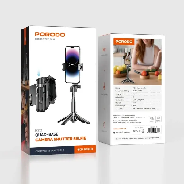 استیک سلفی تاشو با سه‌پایه قابل‌بسط - مشکی - برند پرودو Porodo