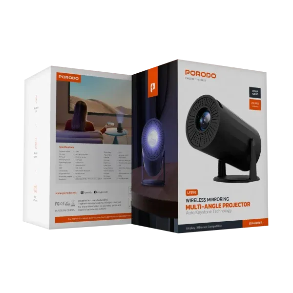 4K PROJECTOR PRO ANDROID 11 با کیستون خودکار - مشکی - برند پرودو Porodo