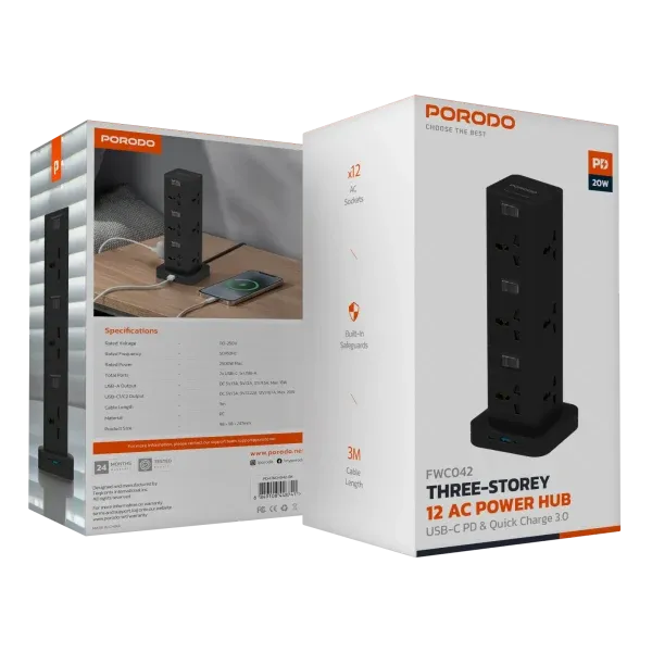 PD20W QC 3.0 1A + 2 TYPE C SOCKET TOWER 3M - BLACK - برند پرودو Porodo