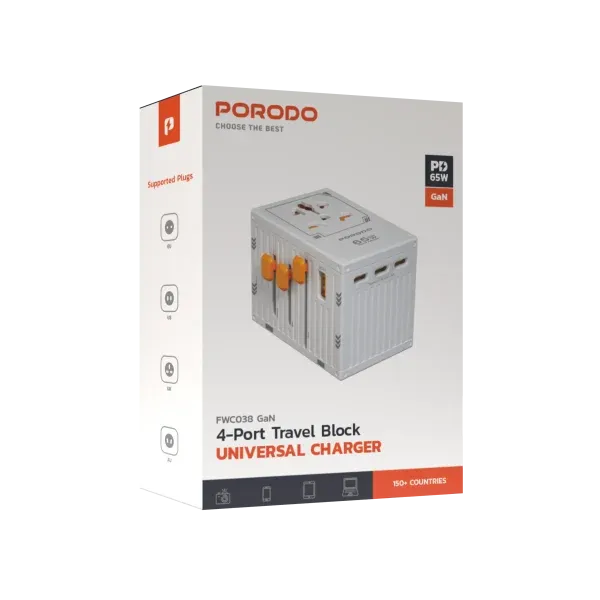 شارژر آداپتور مسافرتی یونیورسال PD65W - سفید - برند پرودو Porodo
