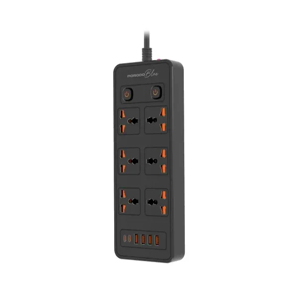 سوکت آبی 6 AC با پورت USB-A X2 USB-C X4 انگلستان (سیم 3M) - مشکی - برند پرودو Porodo