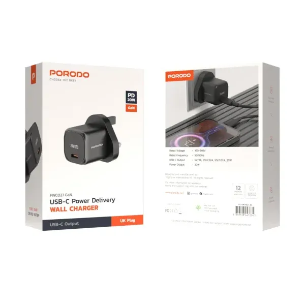 شارژر سریع PD 20W انگلستان - مشکی - برند پرودو Porodo