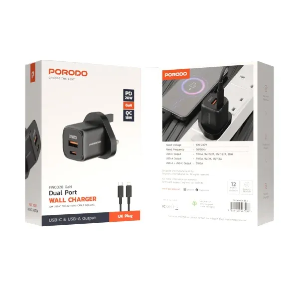 شارژر سریع PD 20W USB QC3.0 انگلستان با کابل C به L - مشکی - برند پرودو Porodo