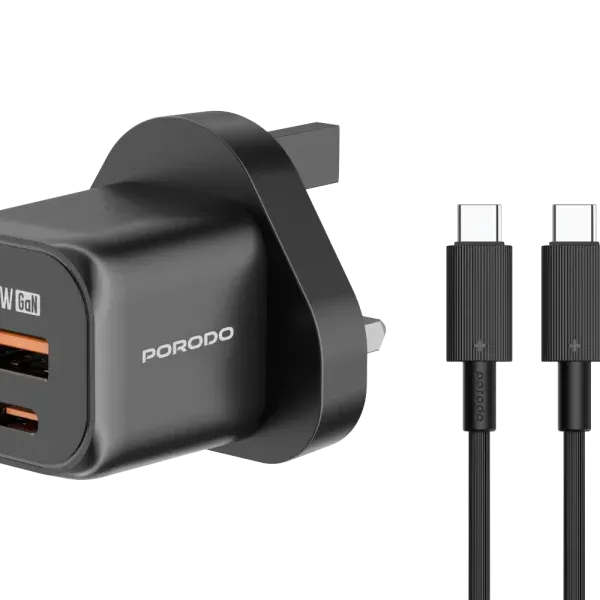 شارژر سریع PD 20W USB QC3.0 انگلستان با کابل C به C - مشکی - برند پرودو Porodo