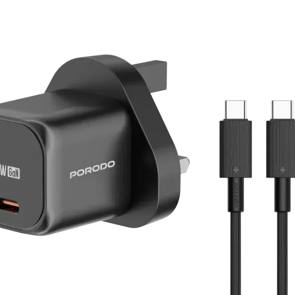 شارژر سریع PD 20W انگلستان با کابل C به C - مشکی - برند پرودو Porodo