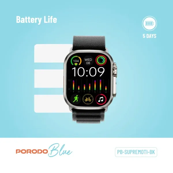 BLUE SUPREMO SMART WATCH صفحه مشکی + بند سیلیکونی آبی و BLACK ALPINE STA - برند پرودو Porodo