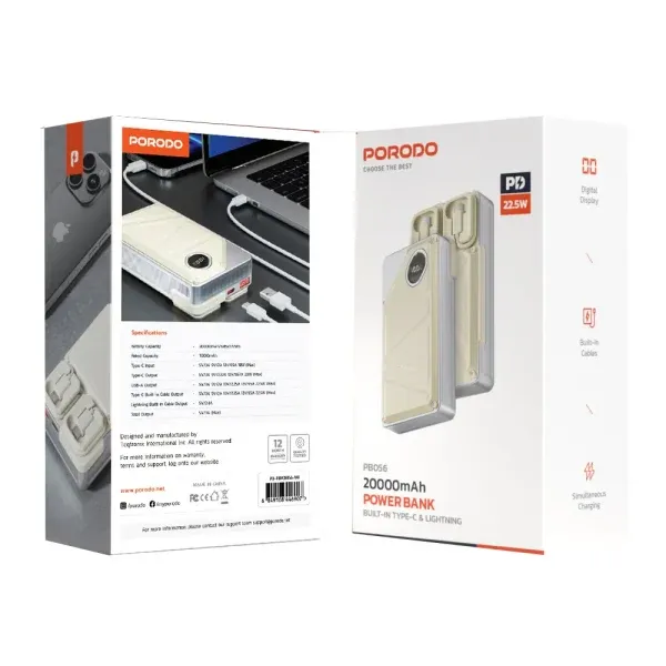 POWERBANK 20000MAH 2XTYPE-C، USB A و TYPE C و صفحه نمایش دیجیتال با C & - برند پرودو Porodo