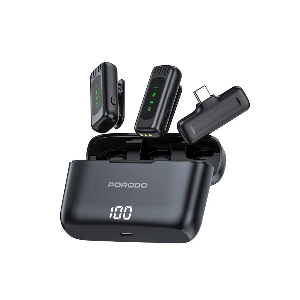 Porodo Lavalier Double Microphone with Charging Case میکروفون بی سیم پرودو مدل PD-LDMCLA رنگ مشکی