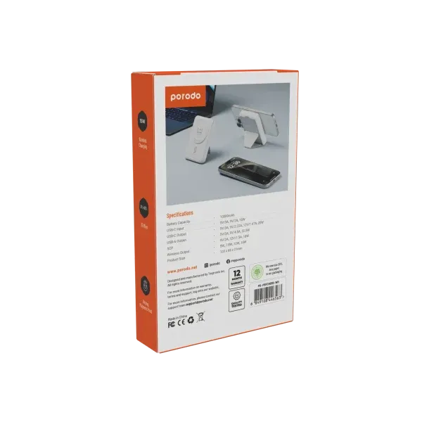پاوربانک بی سیم 10000MAH TYPE-C USB A - WHITE - برند پرودو Porodo