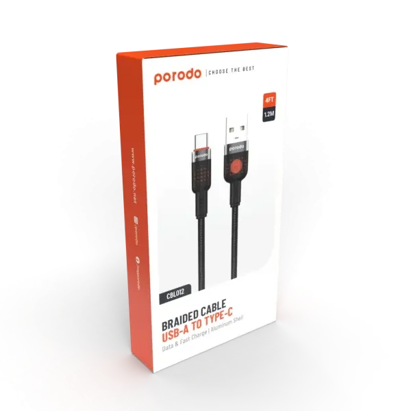 آلوم. کابل بافته آلیاژی USB TO TYPE-C 1.2M - مشکی - برند پرودو Porodo