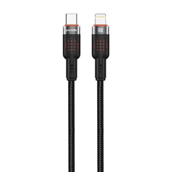 آلوم. کابل بافته آلیاژی TYPE-C به LIGHTNING 30W 1.2M - BLACK - برند پرودو Porodo