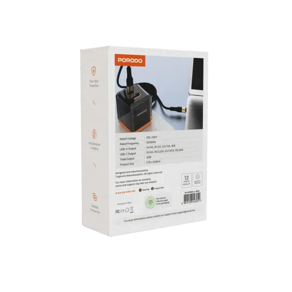 شارژر بریتانیایی PD+QC 20W با پوشش بیرونی شفاف و نوع C تا رعد و برق - برند پرودو Porodo