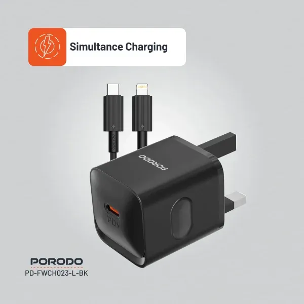 شارژر بریتانیایی PD20W با کابل TYPE-C تا LIGHTNING - مشکی - برند پرودو Porodo