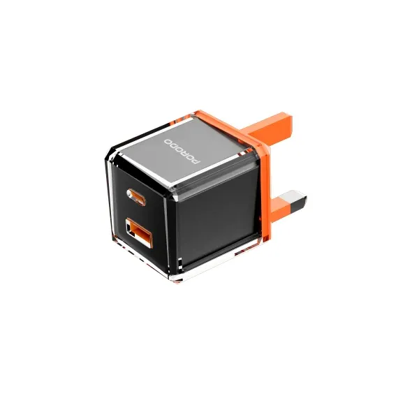 شارژر بریتانیایی PD+QC 20W با پوشش بیرونی شفاف - مشکی/نارنجی - برند پرودو Porodo