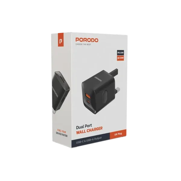 شارژر بریتانیایی PD+QC 20W - مشکی - برند پرودو Porodo