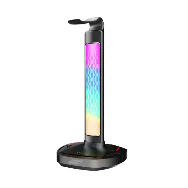 پایه هدفون RGB، شارژ بی سیم و هاب USB-C با لامپ صفحه نمایش 5 وات-مشکی - برند پرودو گیمینگ Porodo gaming