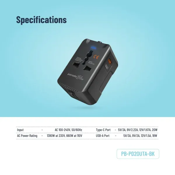 BLUE PD20 UNIVERSAL TRAVEL ADAPTER - BLACK - برند پرودو Porodo