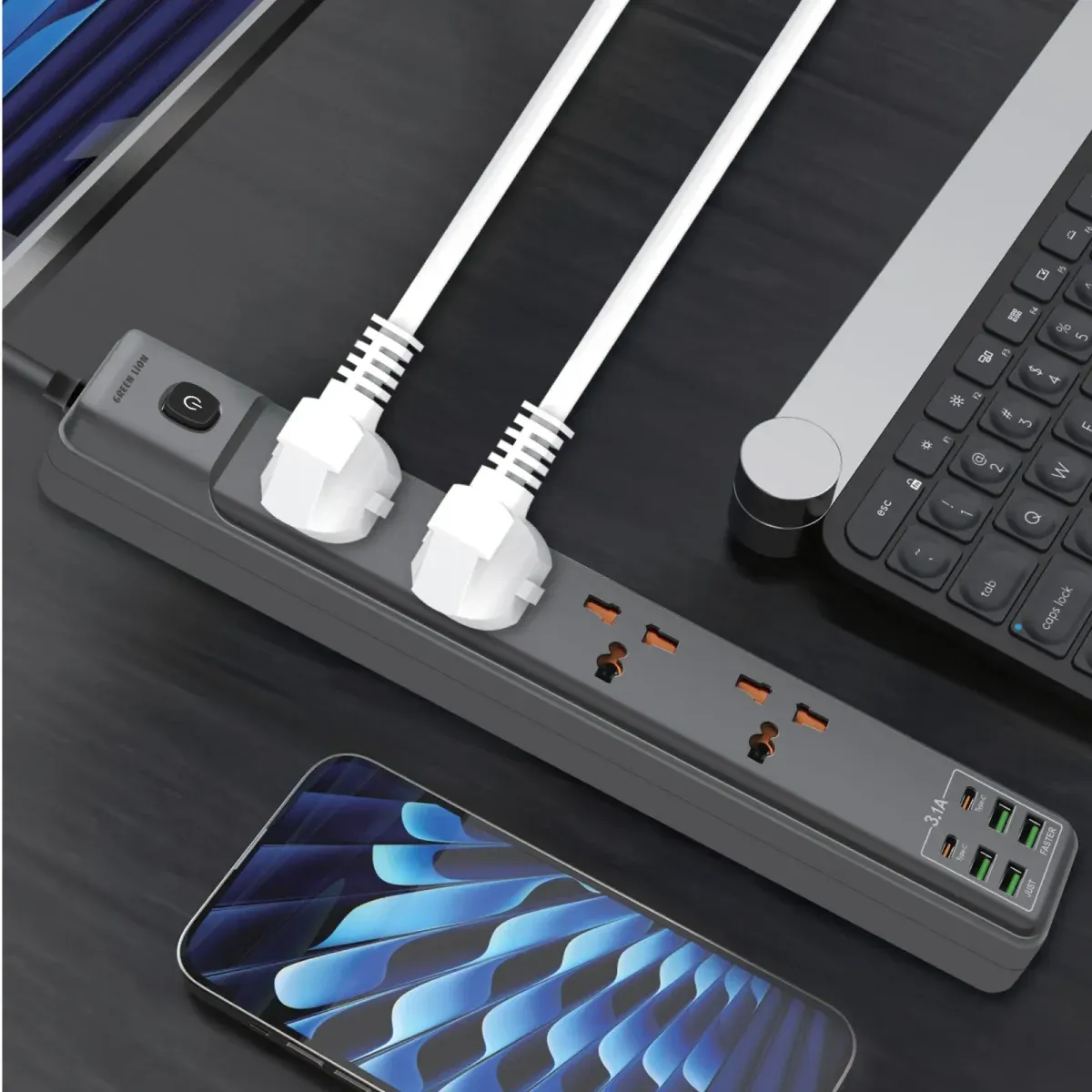 پریز برق 4 USB - A & 2 TYPE - C PORT 2 METER 2500W - GRY - برند گرین لاین Green lion - تصویر 3