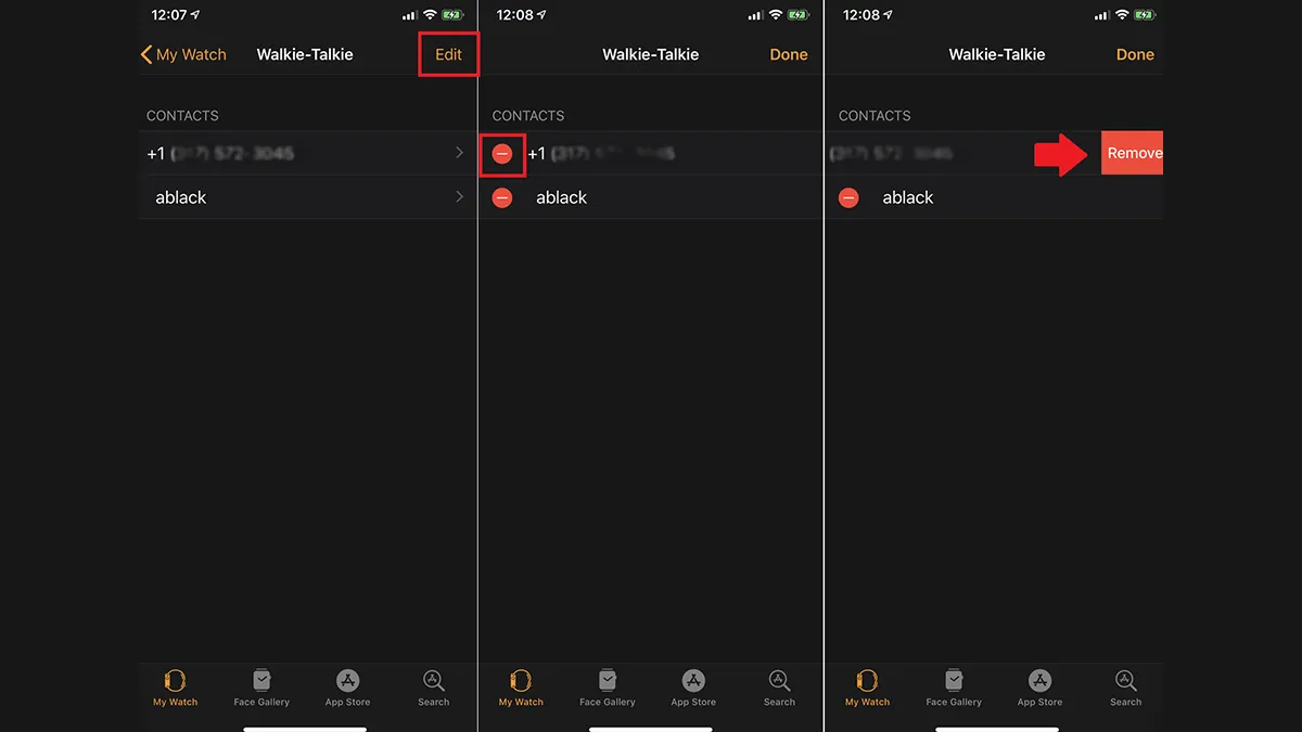 حذف کردن مخاطب از برنامه اپل واچ روی آیفون