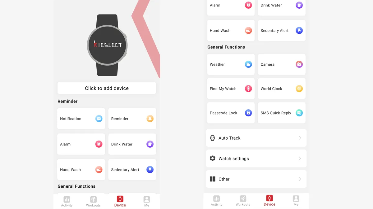 منوی Device در برنامه ساعت هوشمند کیسلکت