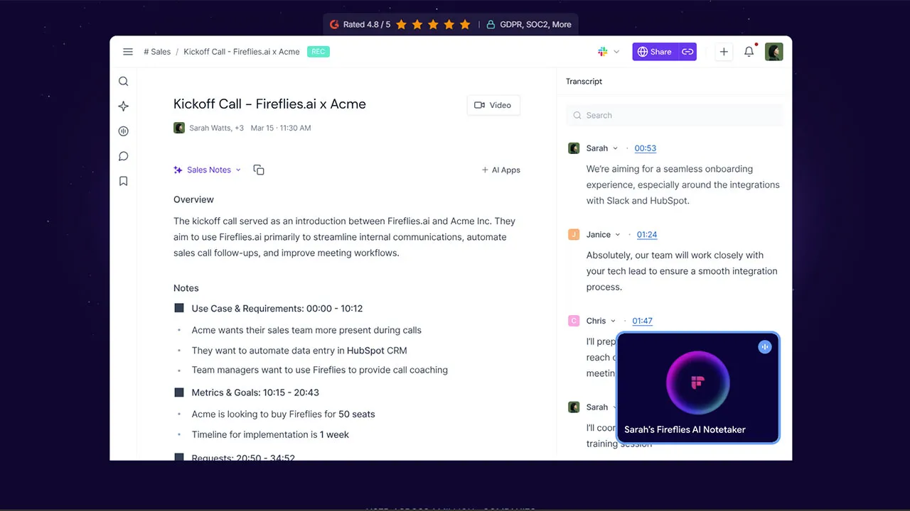 ۵. افزونه Fireflies.ai؛ ناجی جلسات آنلاین و منشی تمام‌وقت هوشمند