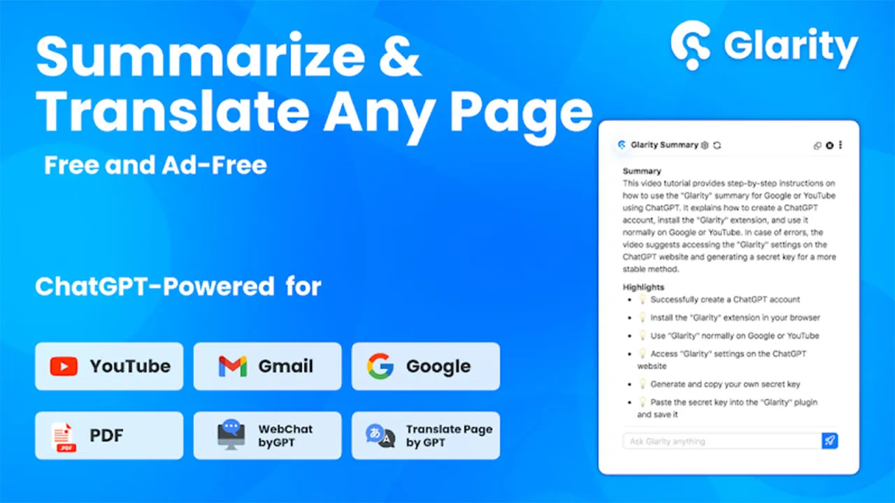 ۷. افزونه Glarity AI؛ مترجم و خلاصه‌ساز متن‌باز و بی‌حاشیه